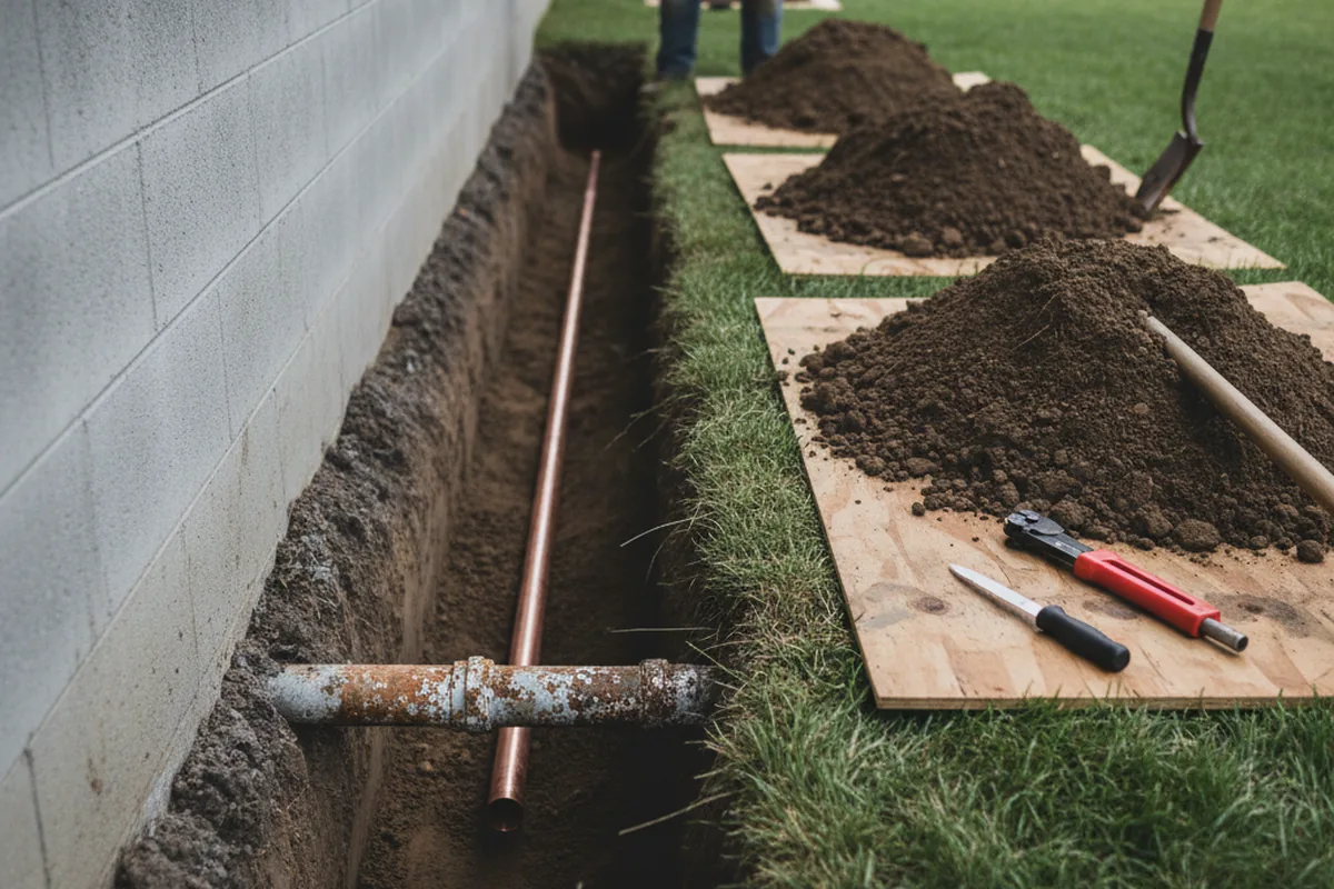 Excavated water line trench during Water Softener Installation in Woodburn